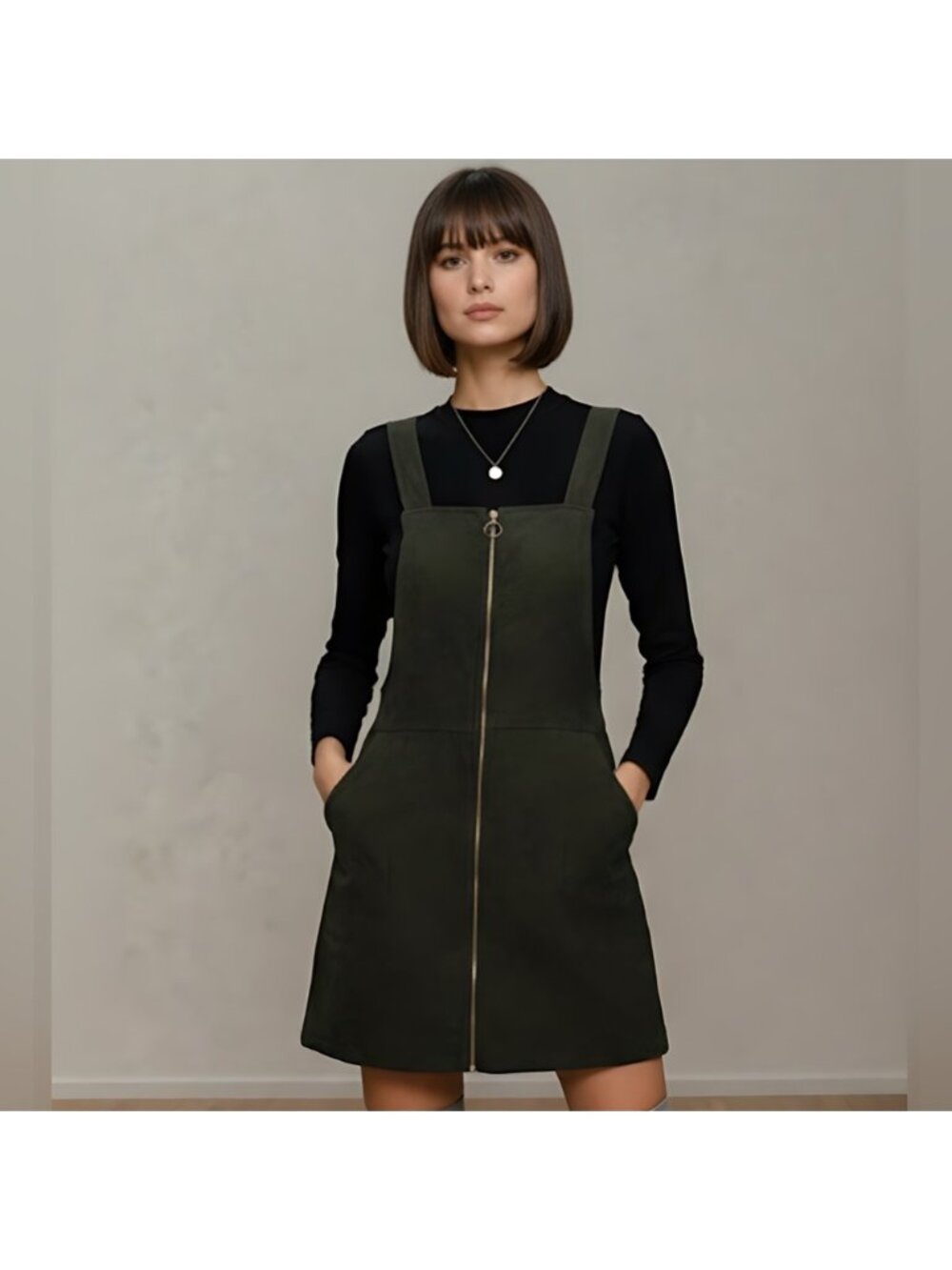 Zip Up Corduroy Overall Dress Green